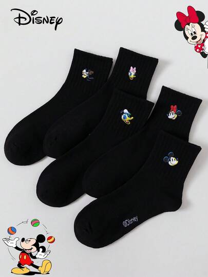 Disney 디즈니 양말, 미키 마우스 양말, 미니 마우스 양말, 도널드 덕 양말 5켤레 디즈니 자수 중목 양말, 캐주얼하고 패셔너블하며 다용도로 매일 착용하기에 완벽합니다