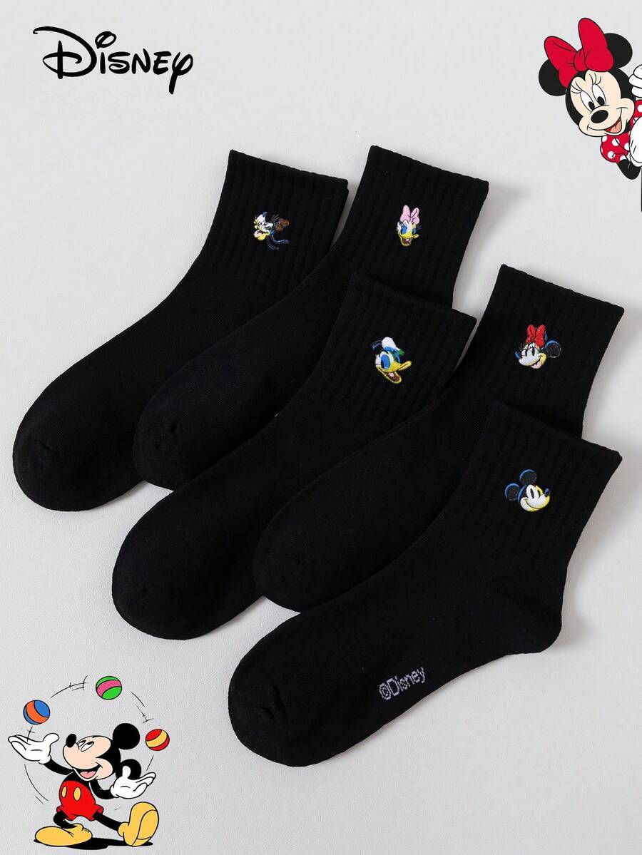 Disney 5雙迪士尼米奇米妮唐老鴨刺繡中筒襪,休閒時尚百搭,適合日常穿著 - 黑色 - 查看 1