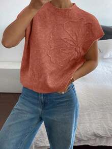 Parte superior de punto de manga corta tejida con diseño jacquard liso para mujer - Naranja Coral - Ver 4