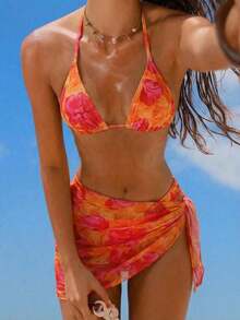 Conjunto de 3 piezas de traje de baño de bikini de unicolor y estilo sexy de halter para mujeres, conjunto de traje de baño, para vacaciones de verano en la playa - Multicolor 3 - Ver 1
