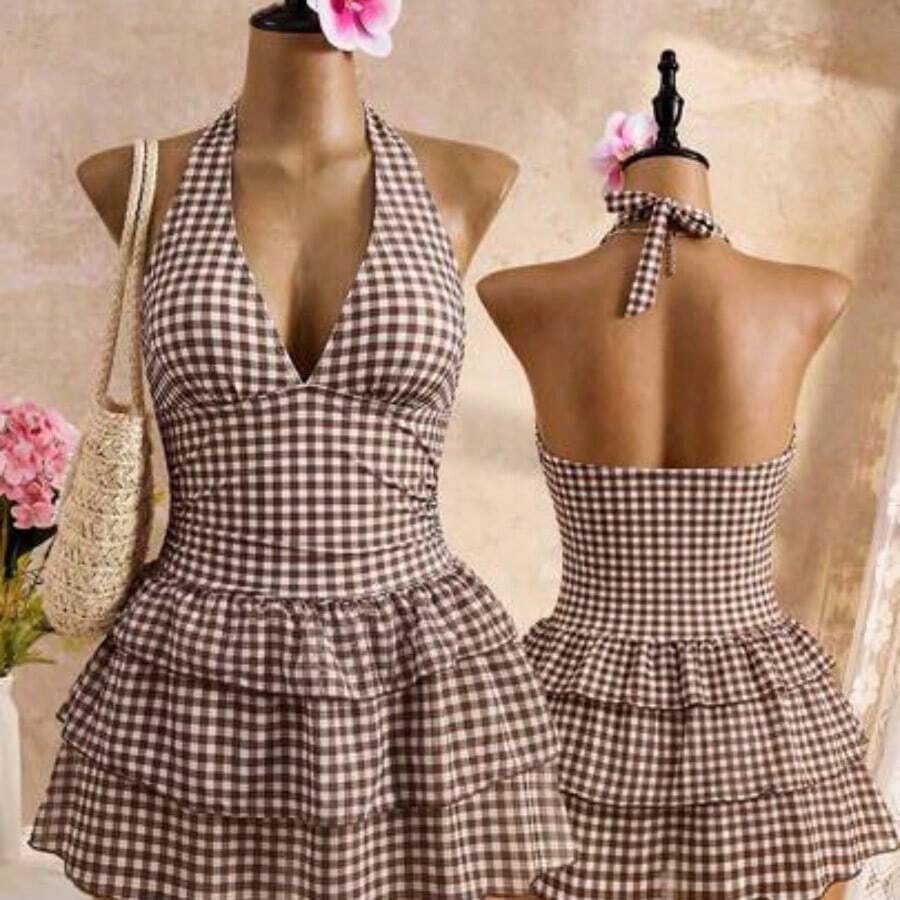 Stylish Halter Neck Polka Dot Swim Dress For Women Black And White Geometric Pattern Sleeveless Tiered Short - Marrón - Ver 1