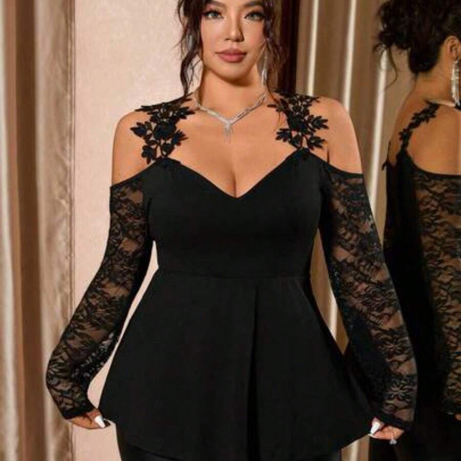 Cravure Plus Size Women's New Black Sleeveless Cold Shoulder T-Shirt, Mesh Lace Sleeve Patchwork, Embroidered Strap, Elegant Black Top, Sexy And Slimming, Fashionable And Refined For Daily Outings, Dates, Gatherings/Parties, Bars, Suitable For Autumn And Spring - Negro - Ver 1
