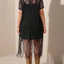 LUNE Plus Size Lace Fringe Hem Vacation Dress For Summer,Beach Dress Sundress,Holiday Outfits Boho - Negro - Ver 11
