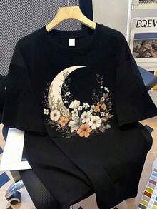 1 camiseta de manga corta con estampado de luna; Top Festivo, Top para Mujer, Adecuado para Atuendo de Vacaciones de Verano, Ropa de Festival, Regalo de Festival, Regalo de San Valentín, Regalo del Día de la Madre; Regalo para mamá; Ropa de playa, salida, vacaciones de verano, casual, 180g, 100% algodón, los diseños están impresos. Unisexo. - Negro - Ver 1