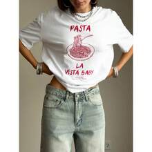 Camiseta de manga corta 100% algodón, estilo casual americano, estilizada y elegante, estampada, versátil, estilo europeo y americano. - Blanco - Ver 2