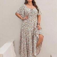 Bohemian Green Floral Print Tie-Front Flowy Hem Casual Plus Size Dress, Suitable For Easter Beach Outfit, Hawaiian Music Festival And Tropical Vacation Summer Elegant - Blanco - Ver 1