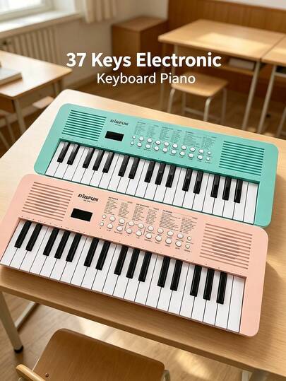 Teclado electrónico de 37 teclas, teclado musical portátil multifuncional con micrófono, 200 tonos y ritmos, 35 canciones de demostración, altavoces duales, múltiples funciones de reproducción, instrumento musical para principiantes