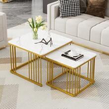 (WF326269AAW Makeover) Set Of 2 High-Gloss Square Coffee Tables With Marble Effect, Nesting Tables With Gold Legs, 60*60*45cm And 45*45*40cm, Versatile Use - White - View 2