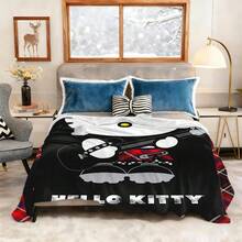 SANRIO 1pc Comfortable Punk Style Hello Kitty Pink Plaid Flannel Blanket, Soft Polyester Knitted Design, Versatile Use, Machine Washable, Ideal Gift For Home, Travel, Outdoor, All Seasons - Cozy Throw Blanket For Sofa, Bed, Office, Car - Multicolor - View 2