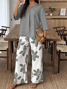 Conjunto de camisa de unicolor y pantalones con estampado floral para vacaciones - Multicolor 4 - Ver 3