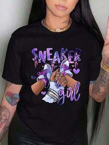 1 pieza [Camiseta Deportiva] para mujer, modelo "Sneaker Girl", con estampado de leopardo morado y texto, 100% algodón, suave y transpirable, camiseta casual de manga corta, fácil de combinar para el verano o para la comodidad diaria. |     Corte relajado |     180g 100% Algodón - Negro - Ver 7