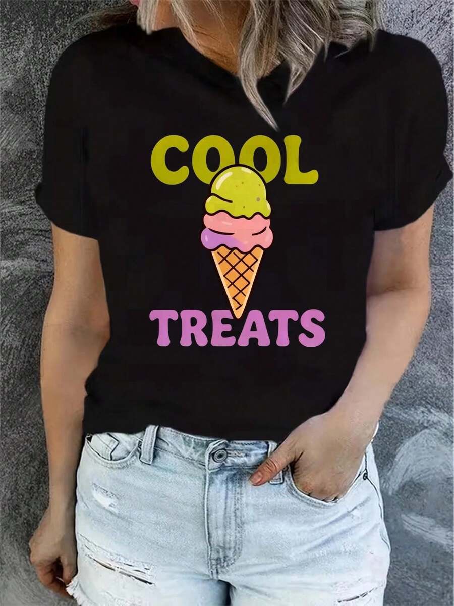 1 Women's Summer Short Sleeve T-Shirt With Print, Modern And Casual, Machine Washable, Comfortable Fit, 2D Flat Print, 180g, 100% Cotton. - 黑色_06 - 查看 1