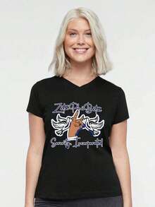 Women's 1920s Style V-Neck T-Shirt, Casual, Retro, Fashionable, Short Sleeve For Spring/Summer, With Cheetah Graphic Print, Women's T-Shirts, Wonderful Gift For A Friend, Everyday Outfit, Versatile And Fashionable. - 黑色 - 查看 6