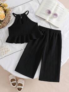 Baby Girls' Solid Color Spaghetti Strap Bowknot Ruffle Hem Top And Straight Leg Pants 2 Piece Outfit, Suitable For Daily Outings In Spring/Summer - Black - View 3
