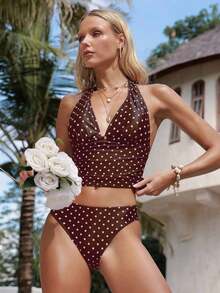 Top ajustado sin mangas con tirantes finos, escote en V y estampado de lunares, un top de bikini de verano a la moda - Multicolor 2 - Ver 5