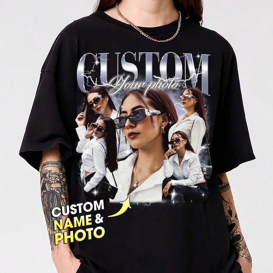 Custom Photo Shirt, Personalized Gilrfriend friend T-shirt220g heavyweight 100% cotton T-shirt. Butterfly print. Unisex sizing. Round neck inspirational T-shirt. Cute and beautiful Y2K-inspired summer top, perfect for the outdoors, home, work, or street wear. Casual, loose-fitting everyday T-shirt. - Negro - Ver 1
