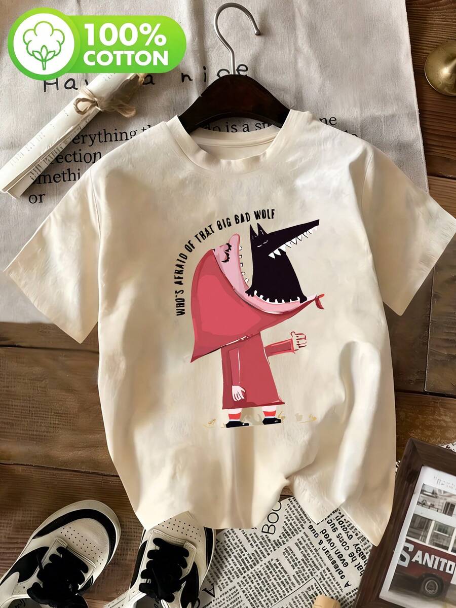 Women's Funny Graphic T-Shirt Of Little Red Riding Hood And The Big Bad Wolf | Retro Pure Cotton T-Shirt With The Phrase "Who's Afraid Of The Big Bad Wolf?", Casual Style, Loose Fit, Short Sleeve, Comfortable For Everyday Wear And Gifts - 杏色 - 查看 1
