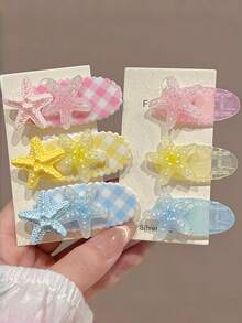 6pcs Girls Delicate Cute INS Style Versatile Hair Clips, Plaid 3D Starfish Side Bangs Decor Hairpins - Multicolor - View 3