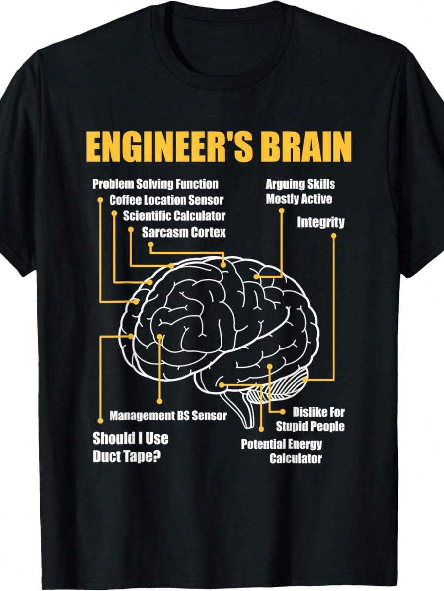 Funny Engineer Humor T-Shirt With Brain Diagram & Sarcasm Tech Jokes - Soft Round Neck Casual Shirt Suitable For Engineers & Tech Professionals - Ideal Gift For Computer Science Graduates, Staff