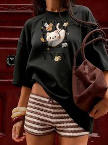 Camiseta de Manga Corta con Gato Divertido y Caligrafía Juvenil,Camiseta de manga corta de moda para primavera y verano de 2026, hecha en México, 180 gramos. Estampado de dibujos animados, modelo de pareja, apta para uso interior o exterior. Cuello redondo, unisex, ideal para oficina y ocio. Paquete de una pieza. - BK-P631577SLNDXZGY397 - Ver 2