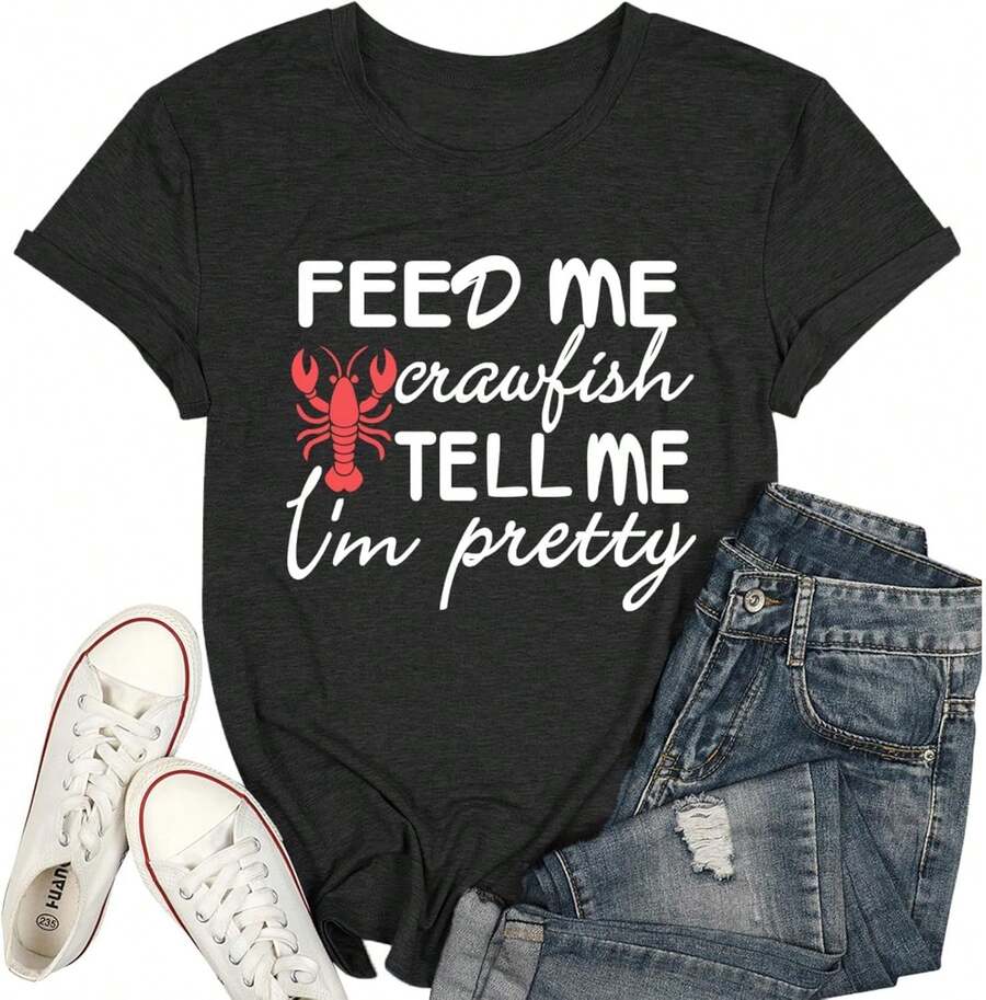 Camiseta de Cangrejo de Río: Alimenta Me con Cangrejo de Río, Dime Que Soy Bonita. Camiseta para Mujer con Diseño Gráfico Vintage de Mariscos para el Verano. - Negro - Ver 1