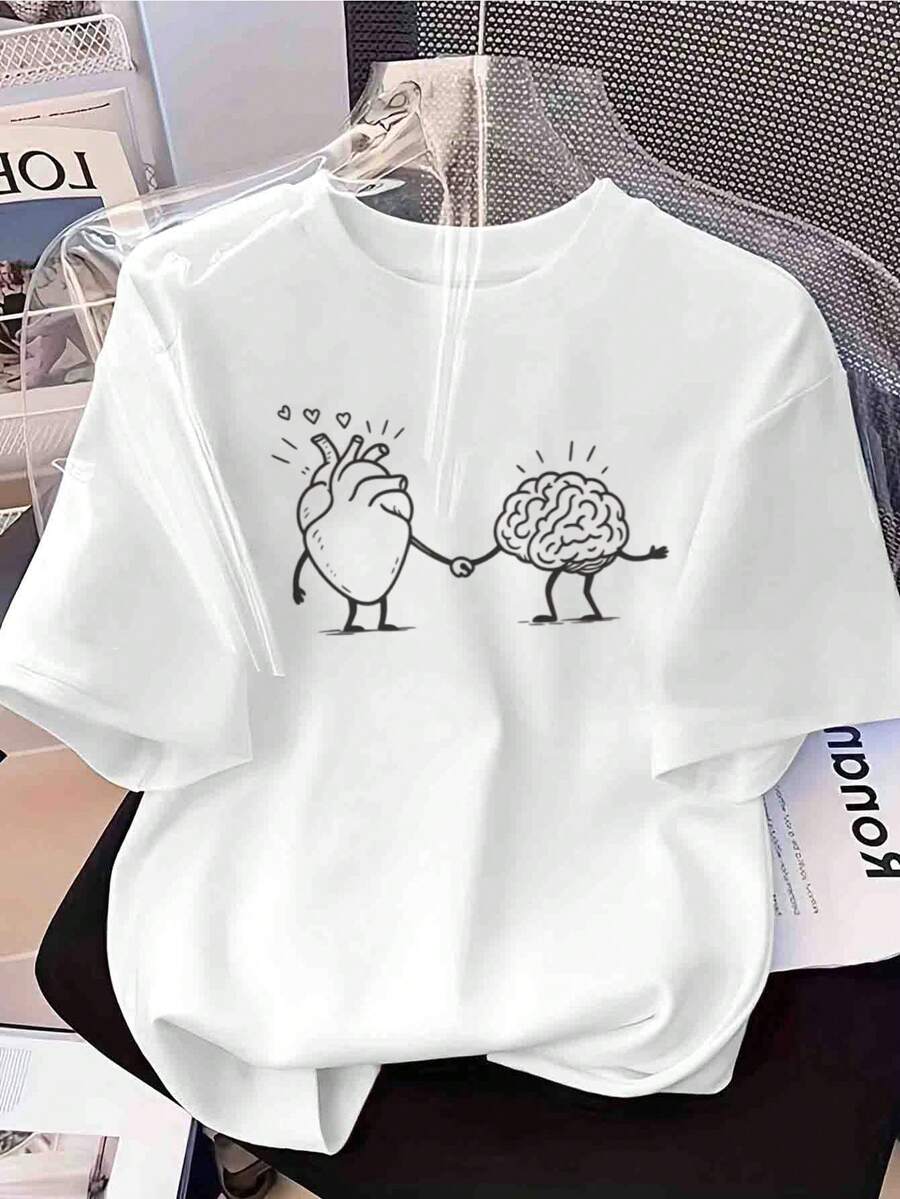 Camiseta de Cuello Redondo para Mujer con Estampado de Corazón y Cerebro - Diseño Ligero de Fantasía Casual para Primavera/Verano y Frases Icónicas - Lavable a Máquina, Ropa Casual Cómoda y Top para Fiestas - Blanco - Ver 1
