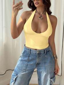 Blusa casual de verano de unicolor con escote en V y cuello halter para mujer, color negro - Amarillo - Ver 3
