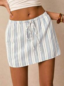 Pantalones Culotte Casuales Holgados para Mujer con Cordón Ajustable en la Cintura y Bolsillos a Rayas - Blanco - Ver 3