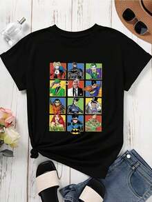 Warner Bros. Joker And Joker Grid Design T-Shirt For Women, Men, And Unisex, Comic Book Superhero Graphic Tee,  Casual Top. | Exquisite Design | Loose And Comfortable | Easy To Match | - 黑色 - 查看 2