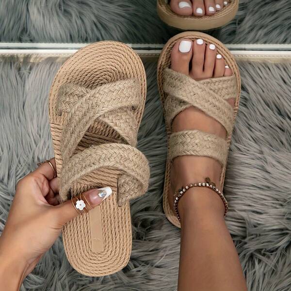 Zapatos de mujer de estilo bohemio con efecto ratán, calzado casual de estudiante para vacaciones y playa con tiras de lino, zapatos de mujer