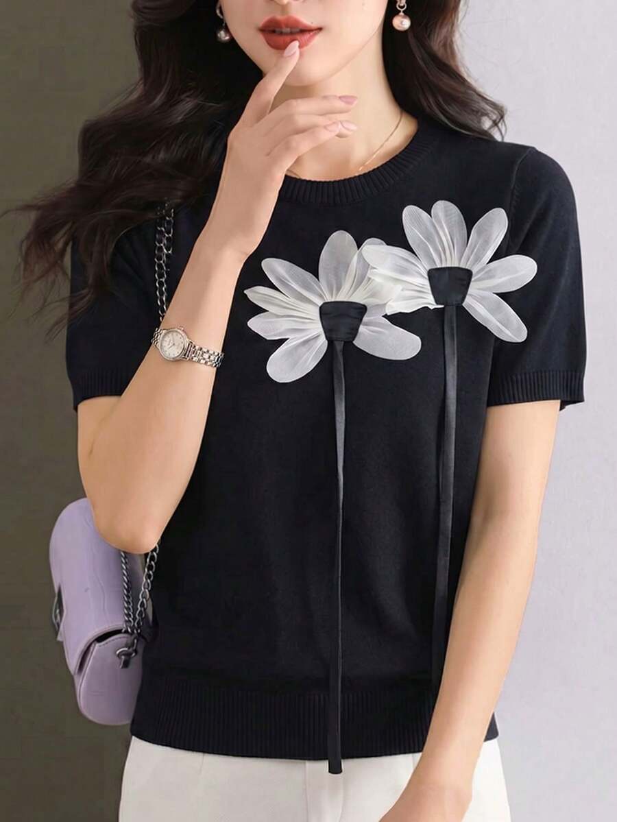 2026 Spring/Summer New Black 3D Floral Satin Ribbon Knit Top, Women's Fitted Short Ruched Texture Basic Layering Commuter Blouse - Black - View 1