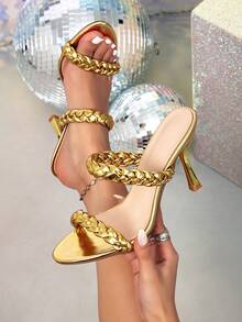 Giày cao gót quai dệt màu vàng thời trang mới dành cho nữ, sandal mũi nhọn xỏ chân tiện dụng hàng ngày. - Vàng - Xem 1