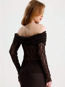 RoseArya Bardot Neck Lace Sheer Blouse - Brown - View 5