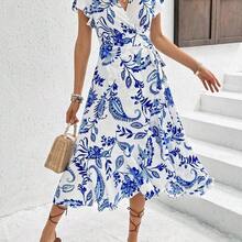 Women's Floral Printed Wrap Style Midi Dress Maxi Women Outfit - Caqui - Ver 4