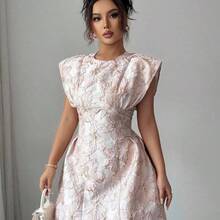 Women Elegant Jacquard Waist Tie Cap Sleeve Summer Dress - Rosa - Ver 7