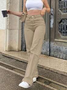 Jeans de cintura alta, unicolor, de corte y ajustado, de estilo minimalista y versátil para mujer, aptos para uso casual, viajes, citas, todas las estaciones, vuelta al colegio, Pascua, Día de la Independencia, Carnaval, Navidad, primavera - Caqui 2 - Ver 2