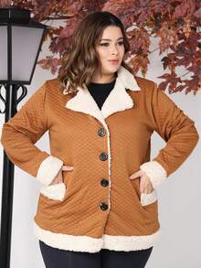 Women's Plus Size Coat With Button, Plush, Thick, Long Sleeves, Winter - Camel - Ver 3