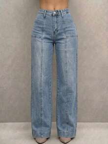 Pantalón De Mezclilla Stretch Mujer Corte Wide Leg Con Quiebre - Lavado ligero - Ver 2
