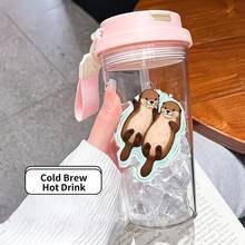 1/5 Stück 500ml süße Otter Händchen haltend Muster Plastikbecher mit Strohhalm, Tragegriff und auslaufsicheren Deckel, transparenter Eiskaffeebecher, niedliches Otter-Paar Design, ideal für den täglichen Gebrauch, tolles Geschenk für Tierliebhaber und Mädchen - Mehrfarbiger Otter - Übersicht 13