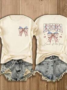 Western 4th Of July T-Shirt Made In America, 4th Of July T-Shirt, 4th Of July Country T-Shirt, Western T-Shirt, Country Concert T-Shirt, Music Festival T-Shirt, Women's Short Sleeve Crew Neck Print T-Shirt - Casual Daily Wear, Sports & Fitness, For Everyone (Perfect For Valentine's Day) - 杏子 2 - 查看 1