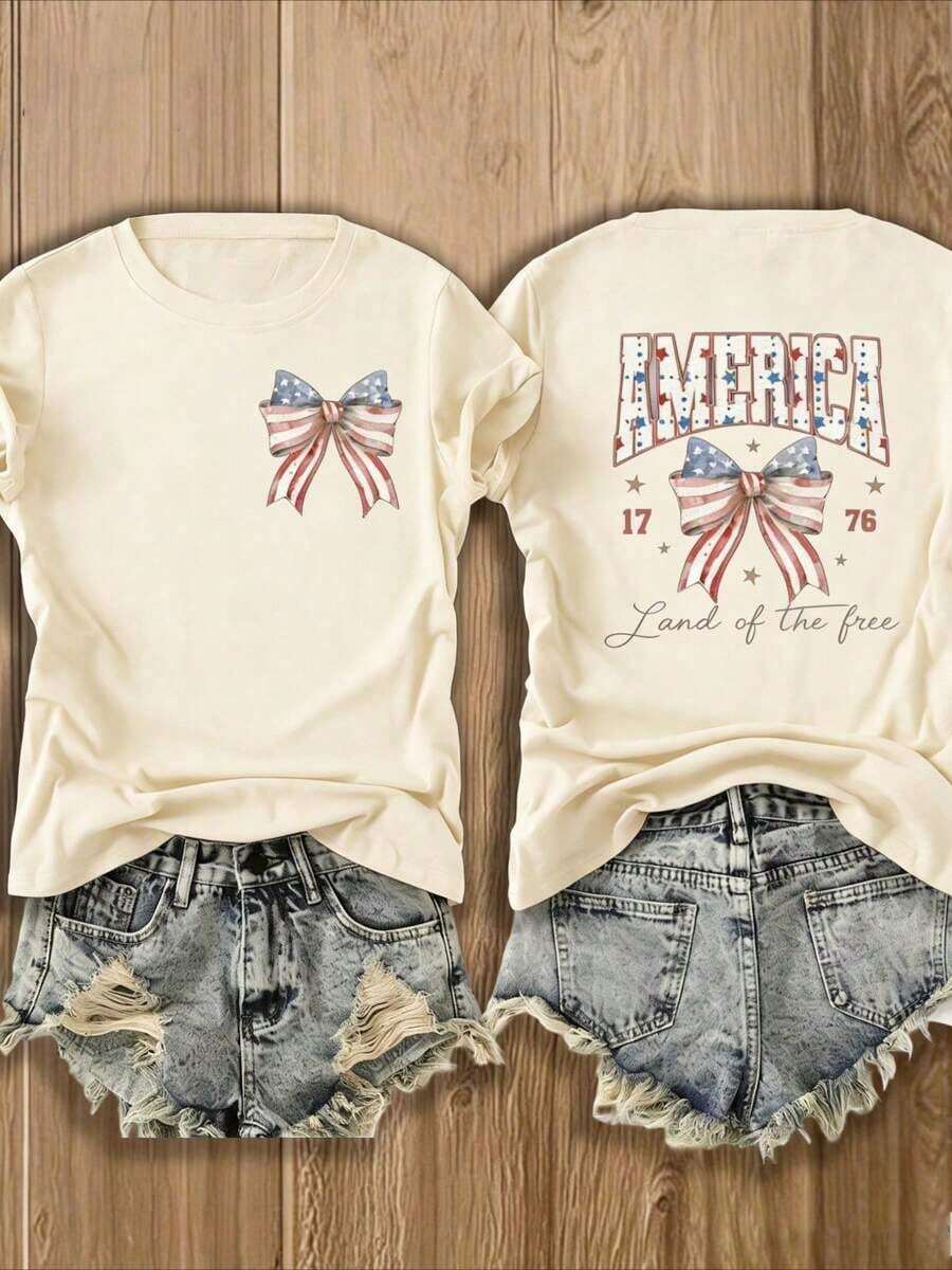 Western 4th Of July T-Shirt Made In America, 4th Of July T-Shirt, 4th Of July Country T-Shirt, Western T-Shirt, Country Concert T-Shirt, Music Festival T-Shirt, Women's Short Sleeve Crew Neck Print T-Shirt - Casual Daily Wear, Sports & Fitness, For Everyone (Perfect For Valentine's Day) - 杏子 2 - 查看 1