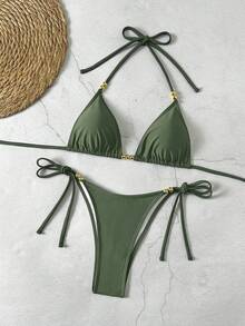 Bộ đồ bơi hai mảnh Lucky Girl Summer màu đen đính hạt cườm, kiểu dáng mới, thích hợp cho kỳ nghỉ biển. - màu xanh kaki nhạt - Xem 3