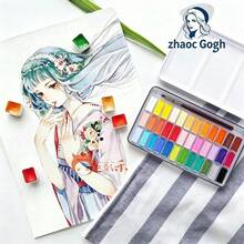 12/24/36 Colors Chinese Style Solid Watercolor Paint Set With Metal Box Packaging And Free Paintbrush, Dry Watercolor Paint Suitable For Art Painting - A - View 2