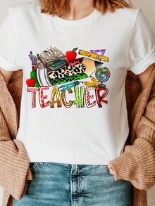 Elegante Camiseta Estampada de Cuello Redondo para el Día del Maestro, Top Casual de Manga Corta para Verano y Primavera, Camiseta Chic de Moda para Mujer - Blanco - Ver 7