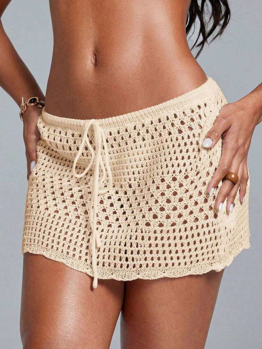Swim Lushoire Falda pareo con dobladillo ondulado para la playa, con patrón geométrico perforado y floral - Albaricoque - Ver 1