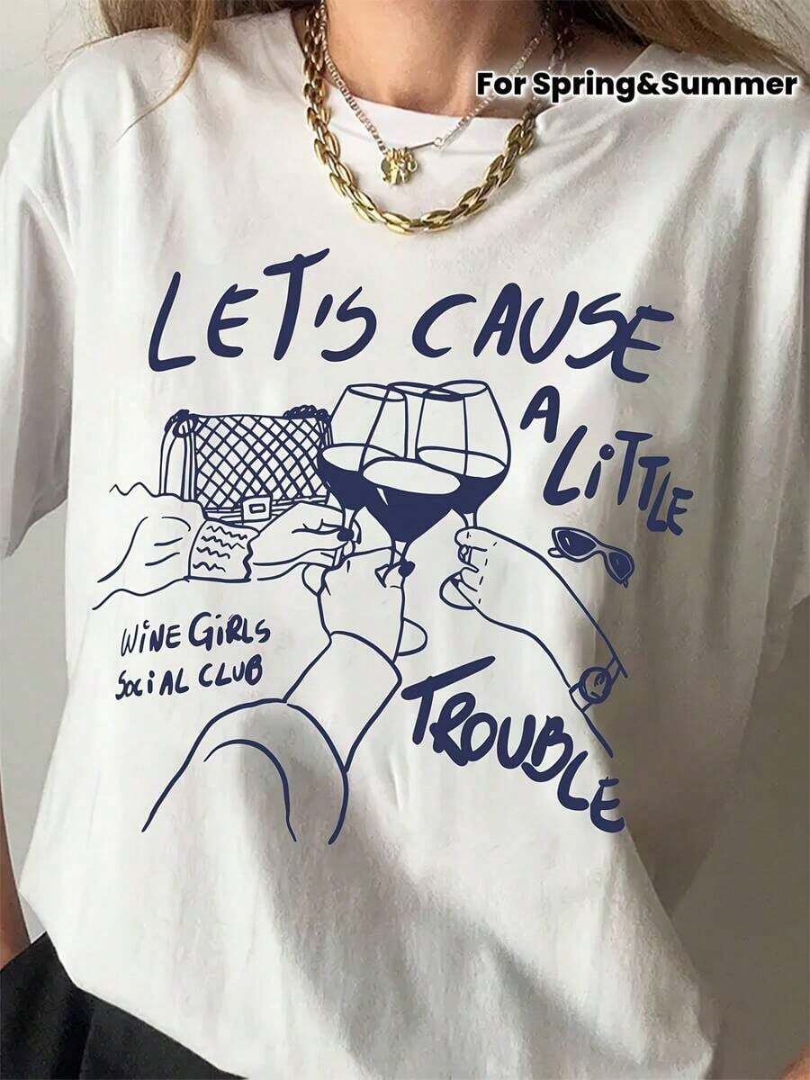 1 Piece Of Women's Casual Crew Neck T-Shirt With Stylish Lettering And Wine Glass Design, Short Sleeve T-Shirt For Spring And Summer, White T-Shirt With Blue Illustrations, Clothing For Wine Lovers. | Social Club Graphic T-Shirt | Stylish Casualwear 180g 100% Cotton - 白色 - 查看 1