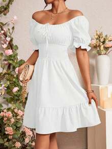 Vestido de manga abullonada con volantes y nudo delantero para el verano, ropa para Año Nuevo - Blanco - Ver 3