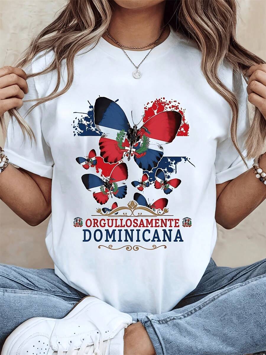 Women's Short Sleeve T-Shirt With Butterfly Print, A Patriotic Memorial Gift, A Birthday Gift - Spring/Summer Casual - Women's T-Shirt - 白色的 - 查看 1