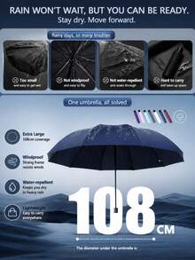 Back To School Season 12-Rib Extra Large Black Windproof Folding Umbrella, Essential For Business And Travel, Suitable For Sunny And Rainy Days, Aluminum Alloy Shaft, Automatic Open/Close, Lightweight, Strong UV Protection, Foldable, Compact And Portable - Multicolor - View 4