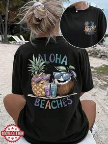 1 camiseta de mujer, [Estampado a doble cara] Top casual de verano para mujer, camiseta de manga corta con cuello redondo y estampado de piña y coco estilo ALOHA BEACHES, camiseta de algodón puro de gran tamaño con hombros caídos, camisetas gráficas, camisetas vintage, 180g 100% algodón (tallas S-3XL), top de mujer, camiseta de manga corta para mujer, camiseta de manga corta. - Negro - Ver 1
